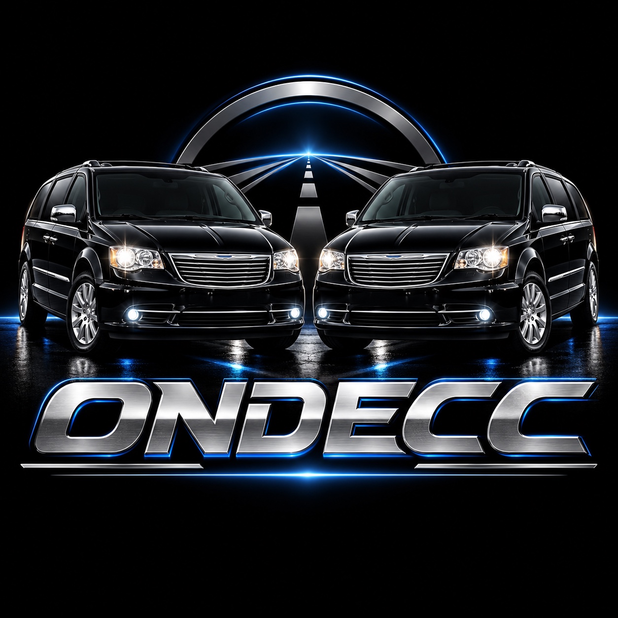 Original ONDECC logo with two black Chrysler Town & Country minivans and chrome lettering